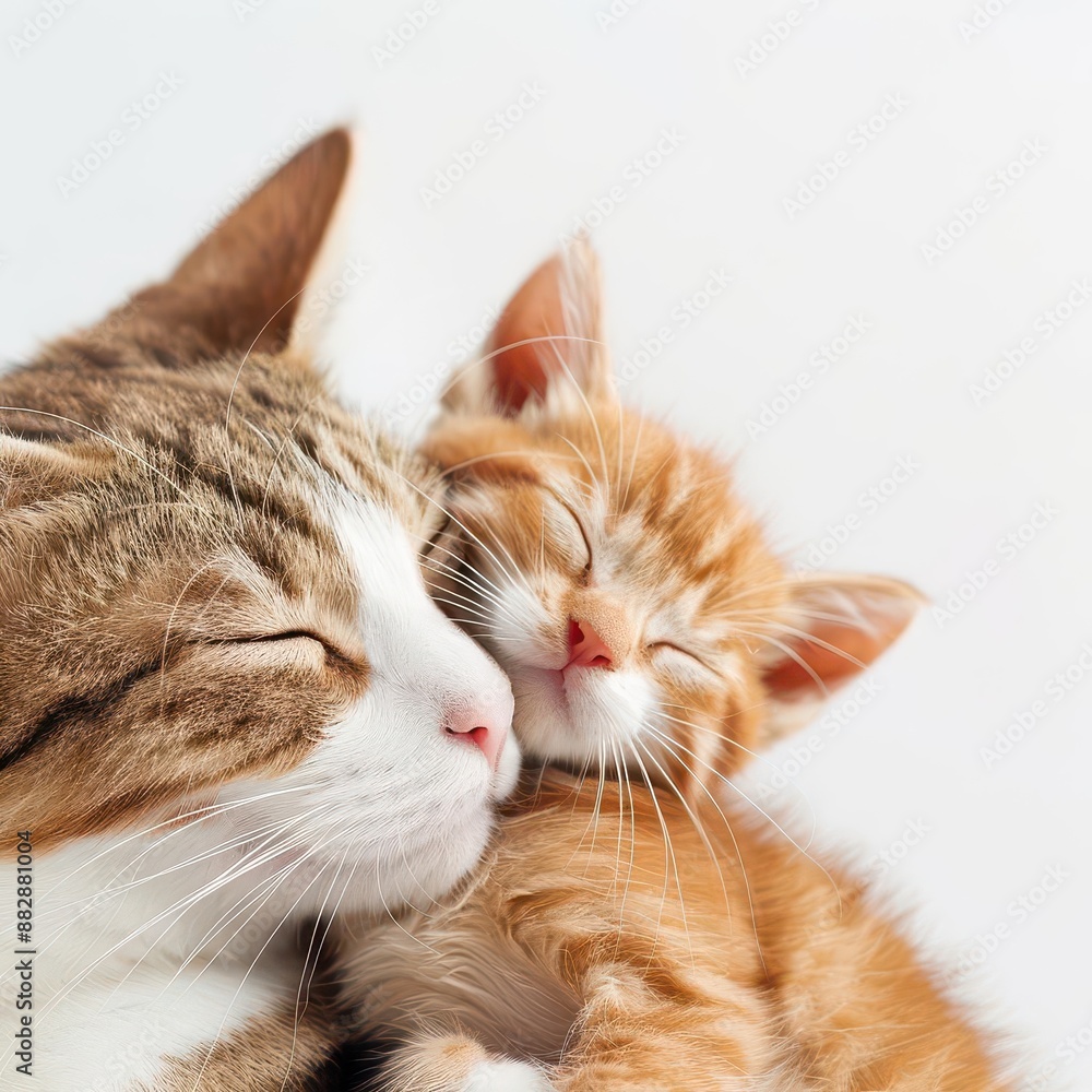 Two adorable cats, one adult and one kitten, cuddling and sleeping peacefully. Two adorable cats, one adult and one kitten, cuddling and sleeping peacefully.
