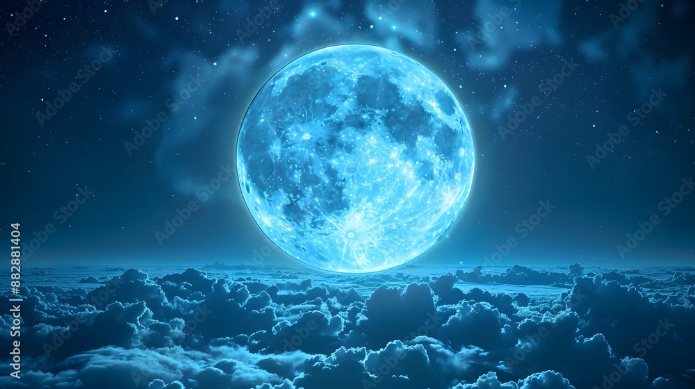 Amazing scenery of blue glowing moon in dark blue sky with clouds at night. Amazing scenery of blue glowing moon in dark blue sky with clouds at night.