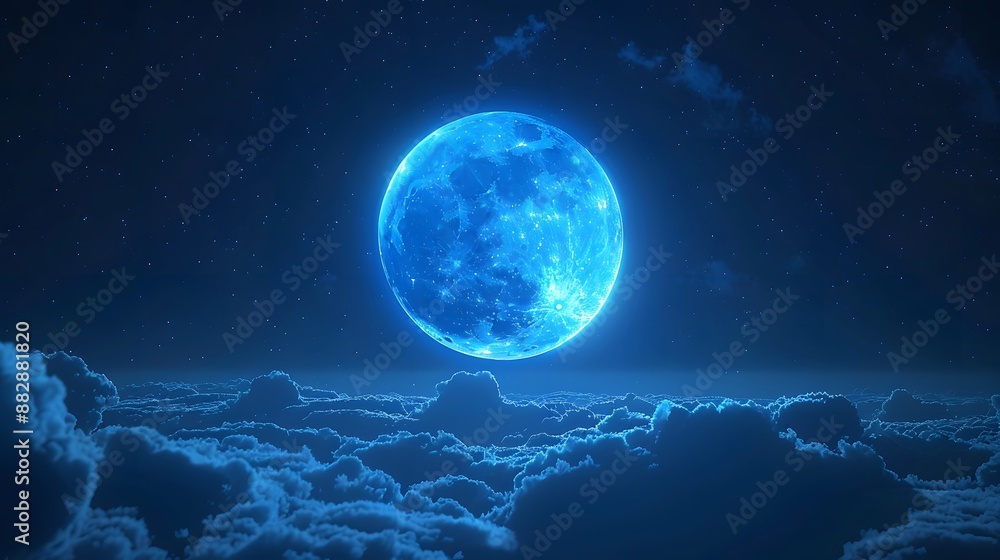 Amazing scenery of blue glowing moon in dark blue sky with clouds at night. Amazing scenery of blue glowing moon in dark blue sky with clouds at night.