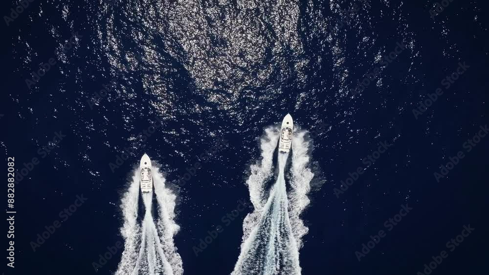 High aerial view of two sport motorboats cruising over blue ocean with speed High aerial view of two sport motorboats cruising over blue ocean with speed