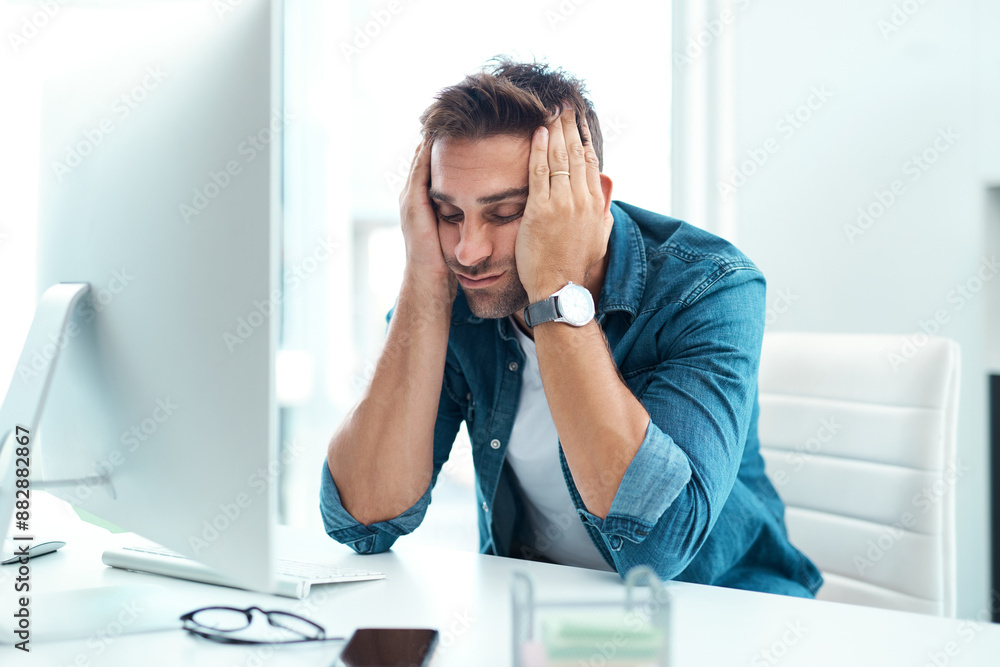 Headache, and man in office, stress and virtual assistant for helping in agency and customer service. Advisor, connection and info with computer, communication and operator for business for person