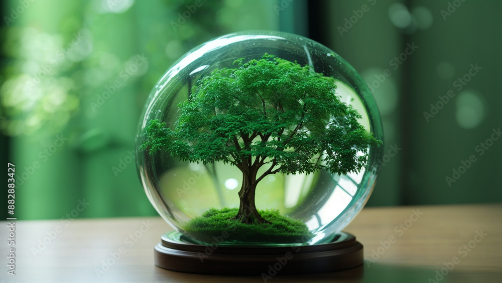 A small tree with green leaves is inside a clear glass sphere, sitting on a wooden base. A blurry green background is behind it.
A small tree with green leaves is inside a clear glass sphere, sitting on a wooden base. A blurry green background is behind it.