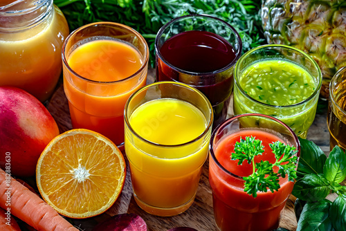 Glasses with fresh organic vegetable and fruit juices photo