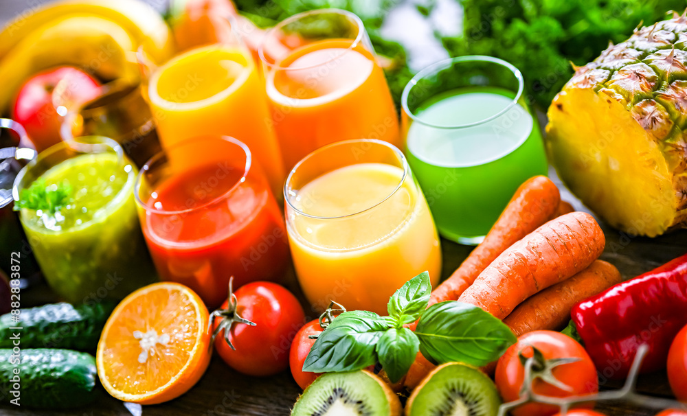 Glasses with fresh organic vegetable and fruit juices Glasses with fresh organic vegetable and fruit juices
