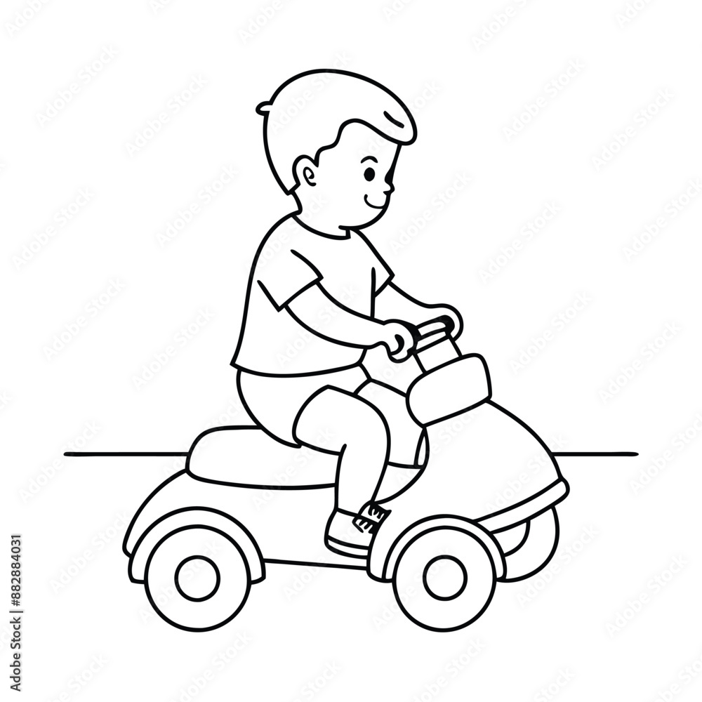 toddler sitting on a toy car. line art vector illustration toddler sitting on a toy car. line art vector illustration