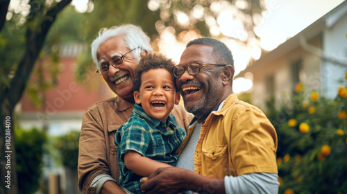 An elderly gay couple adopted a cute little black boy. Two grandfathers with glasses smile and hug their grandson. 
