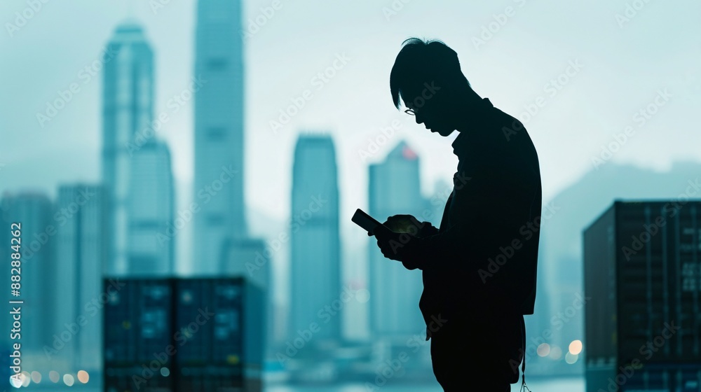 Silhouetted against a cityscape, a logistics manager uses a tablet to oversee transportation operations, with the urban environment indicating a hub of activity and distribution. Silhouetted against a cityscape, a logistics manager uses a tablet to oversee transportation operations, with the urban environment indicating a hub of activity and distribution.