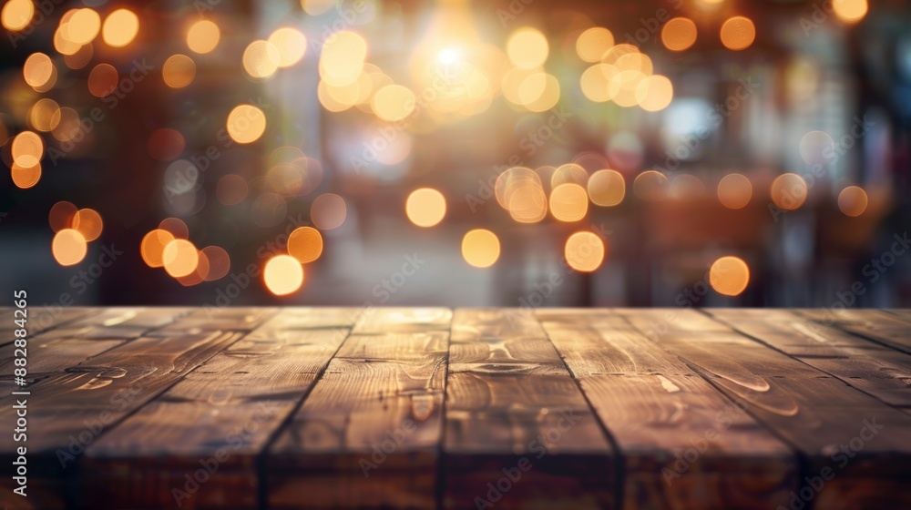 Wide long wooden table top with a blurred warm-toned background of lights and bokeh for product display Wide long wooden table top with a blurred warm-toned background of lights and bokeh for product display