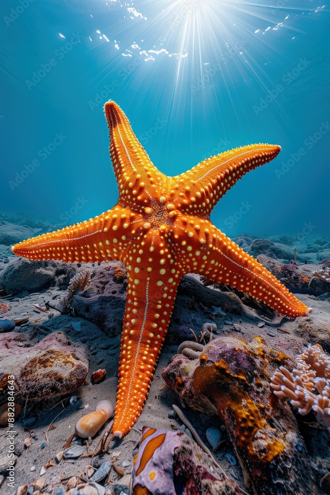 Vibrant Orange Starfish Underwater with Sunlight Rays in a Pristine Ocean Environment Vibrant Orange Starfish Underwater with Sunlight Rays in a Pristine Ocean Environment