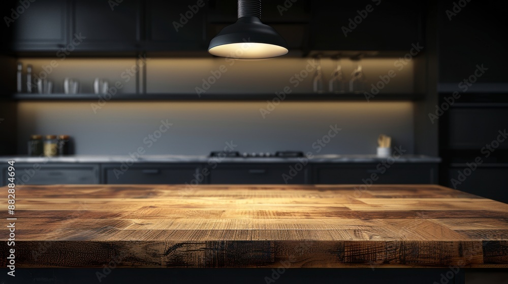 Modern empty wooden table top in a sleek kitchen for product display with a spotlight hanging above Modern empty wooden table top in a sleek kitchen for product display with a spotlight hanging above