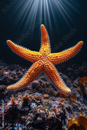 Vibrant Orange Starfish Underwater with Sunlight Rays Shining Through the Ocean Surface photo