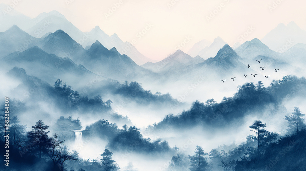 clear context, Depth, Large area blank, Perspective,Chinese style landscape painting, mountains and rivers, flying birds, white background, A tall mountain peak, Waterfall, Large area blank, Obvious p clear context, Depth, Large area blank, Perspective,Chinese style landscape painting, mountains and rivers, flying birds, white background, A tall mountain peak, Waterfall, Large area blank, Obvious p