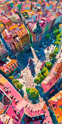 Barcelona, Spain, Oil painting, digital illustration, exareated angle, from above, 3 point perspective, travel poster, travel, vibrant colors stylize 450  photo