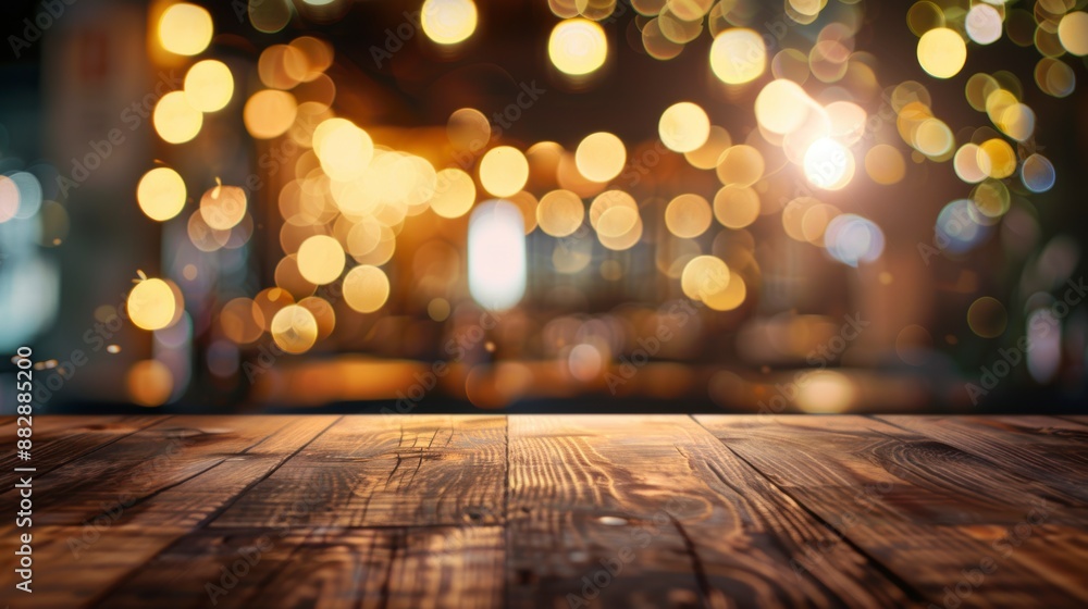 Empty wooden table top with decorative string lights hanging, ideal for showcasing products Empty wooden table top with decorative string lights hanging, ideal for showcasing products