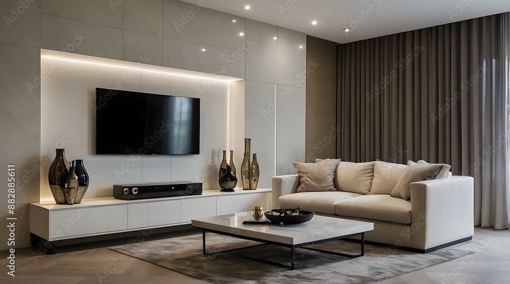 Fototapeta premium modern and minimal living room interior design, TV wall design, contemporary interior design, 3D render, cinematic lighting