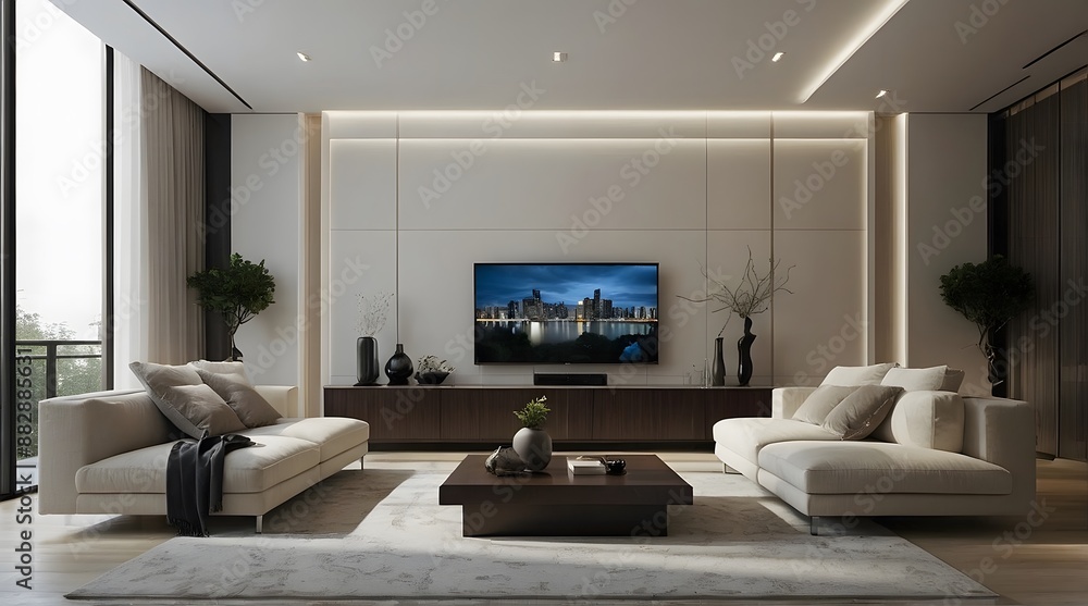 Fototapeta premium modern and minimal living room interior design, TV wall design, contemporary interior design, 3D render, cinematic lighting