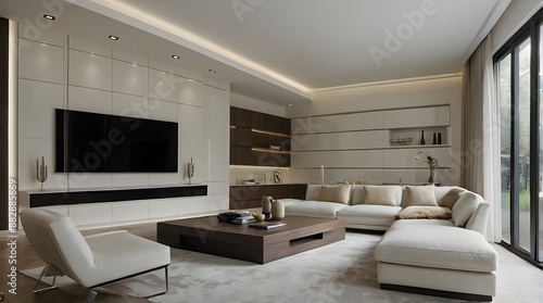 modern and minimal living room interior design, TV wall design, contemporary interior design, 3D render, cinematic lighting