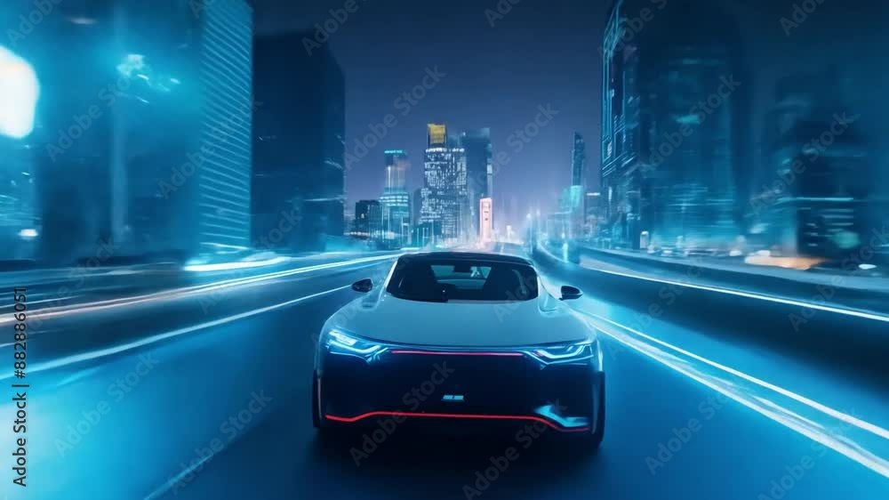 Concept of a blue neon electric automobile moving quickly in the dark Concept of a blue neon electric automobile moving quickly in the dark