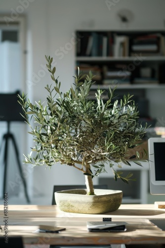 Un olivier gÃ©ant dans des bureau au milieu d'une table  photo