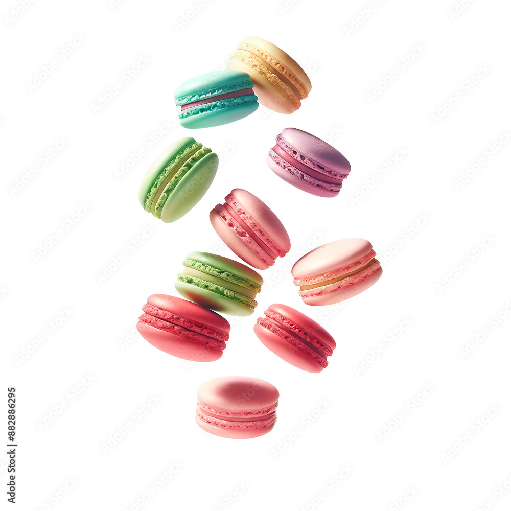 Colorful and appetizing macarons flying in the air on a transparent background. Perfect for marketing confectionery, dessert-themed designs, patisserie branding, and gourmet bakery promotions, detail Colorful and appetizing macarons flying in the air on a transparent background. Perfect for marketing confectionery, dessert-themed designs, patisserie branding, and gourmet bakery promotions, detail