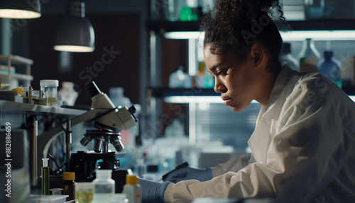 Scientist with microscope close up in the laboratory