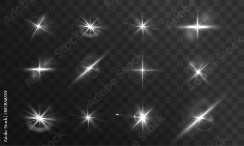 Flash, realistic highlights, glowing effects, camera light, sunlight reflection, stars, isolated highlights, sparkling highlights. Isolated on transparent background, png. Celestial, space	
