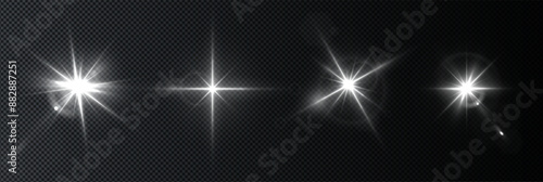 Flash, realistic highlights, glowing effects, camera light, sunlight reflection, stars, isolated highlights, sparkling highlights. Isolated on transparent background, png. Celestial, space elements	
