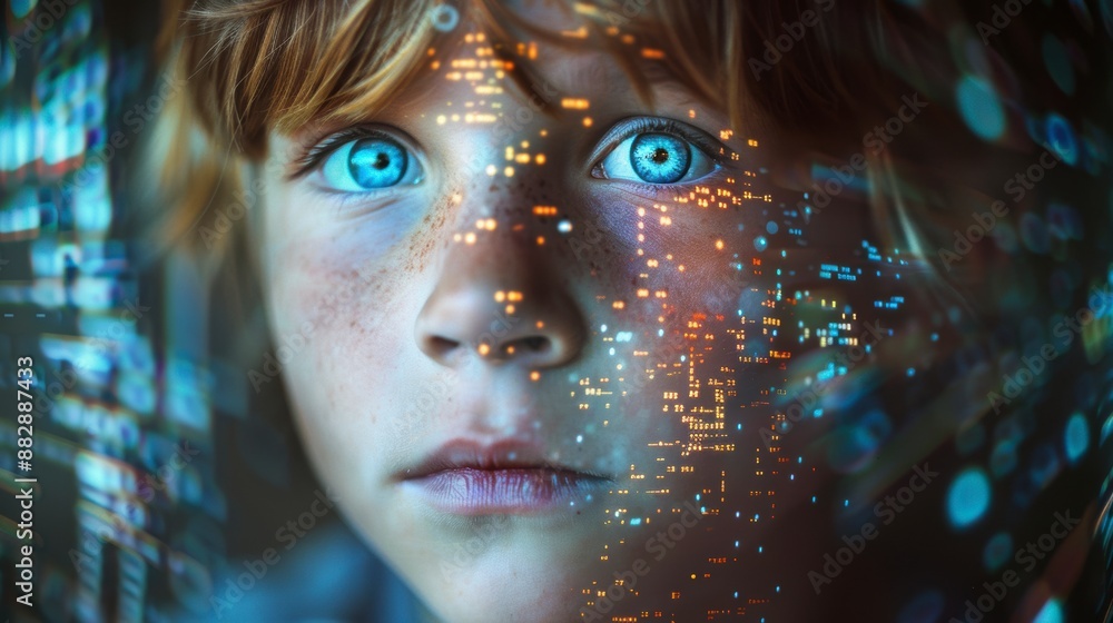 Cute Kid with glowing futuristic elements on his face in a digital world Cute Kid with glowing futuristic elements on his face in a digital world