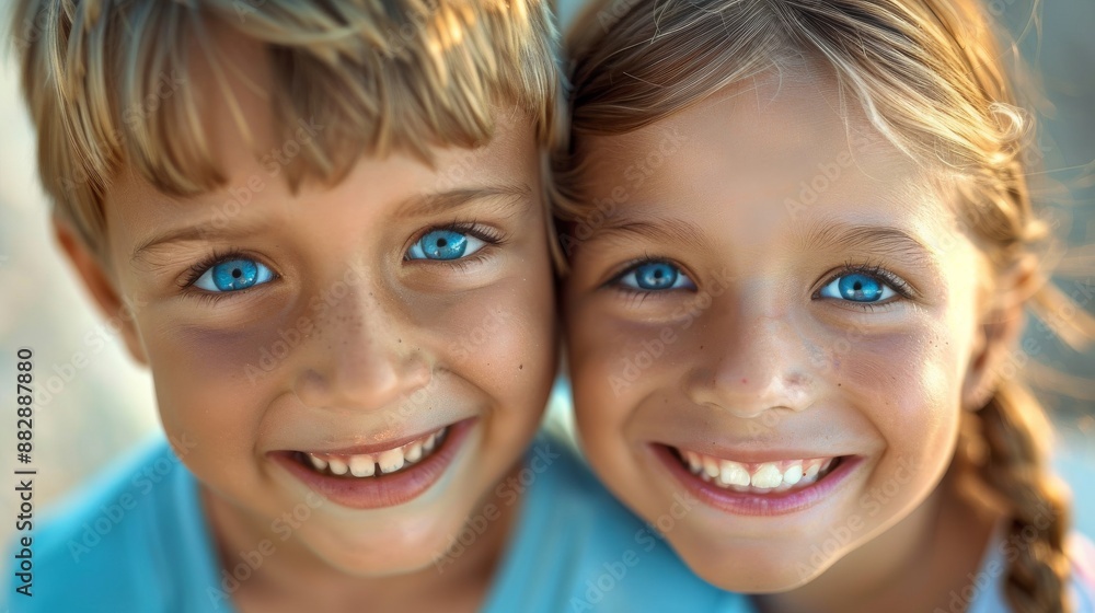 Portrait of smiling blue-eyed children boy and girl with healthy teeth looking at camera. Health concept. Healthy smile Portrait of smiling blue-eyed children boy and girl with healthy teeth looking at camera. Health concept. Healthy smile