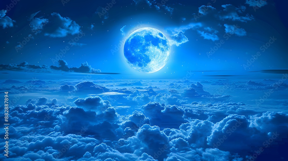 Amazing scenery of blue glowing moon in dark blue sky with clouds at night. Amazing scenery of blue glowing moon in dark blue sky with clouds at night.