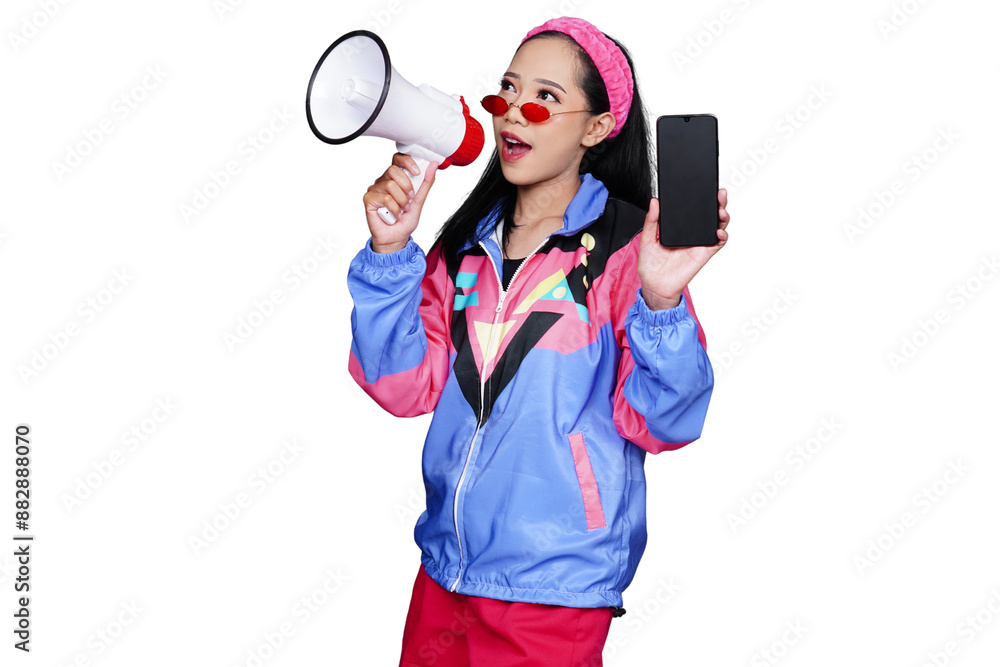 Woman in 90's style outfit using megaphone isolated transparent Woman in 90's style outfit using megaphone isolated transparent