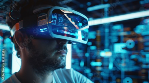 Handsome man immersed in VR gaming at home, wearing a VR headset, with a futuristic digital interface in the background