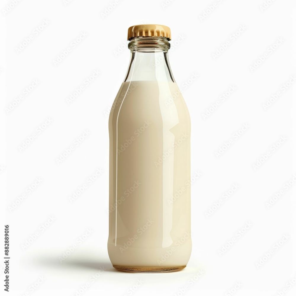 Glass Bottle of Fresh Milk Isolated on White Background with Golden Cap Glass Bottle of Fresh Milk Isolated on White Background with Golden Cap