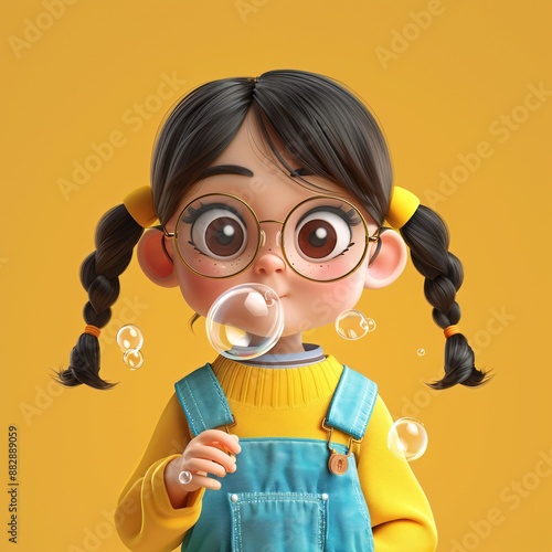 child with big eyes wearing glasses blowing bubble 