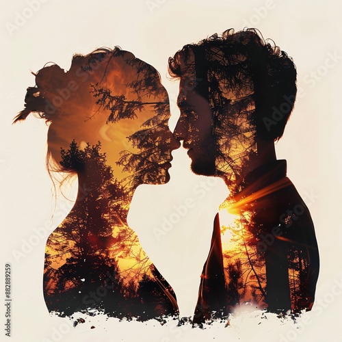 A double exposure photograph of two silhouettes couple  with each other 