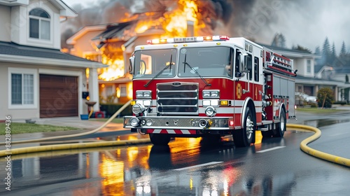 A red firetruck with a ladder is parked on the street, facing a burning building. Smoke and flames billow from the windows as firefighters work.