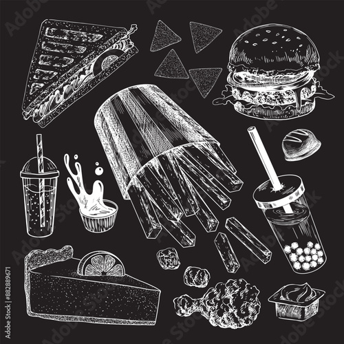 Set of fast food. Drawn on chalkboard sketch style french fries, cheesecake, bubble tea, burger, sandwich, chips, chicken nuggets, dipping sauce. Hand drawn collection of street food
