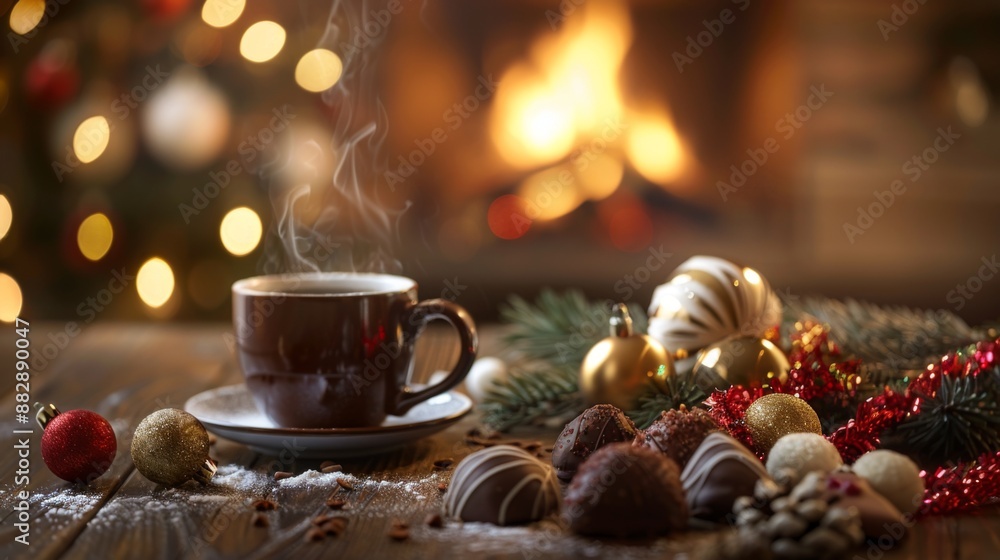 The New Year's festive table is decorated with shiny Christmas tree decorations, a lot of chocolates and gifts, aromatic coffee in a beautiful cup The New Year's festive table is decorated with shiny Christmas tree decorations, a lot of chocolates and gifts, aromatic coffee in a beautiful cup