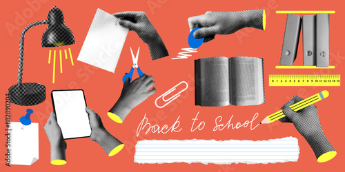 Back to school set. Modern collage with halftone hands holding school supplies. Writing hand. Trendy newspaper elements. Hands holding scissors, tablet, eraser. Halftone lamp, book. Knowledge concept
