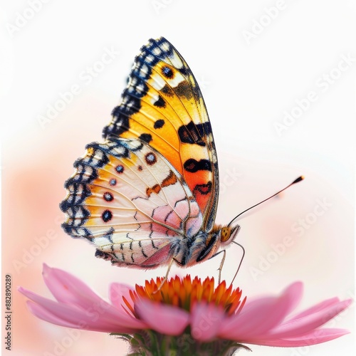 Vibrant Butterfly Resting on Pink Flower with White Background in Close-Up Macro Photography