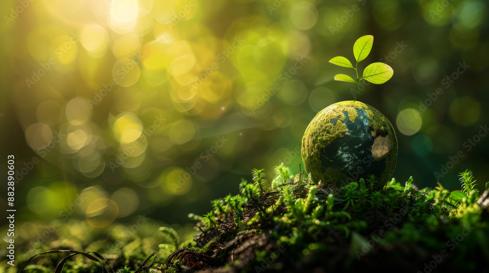 Green planet Earth with green trees sprouting on moss in a forest nature background Green planet Earth with green trees sprouting on moss in a forest nature background
