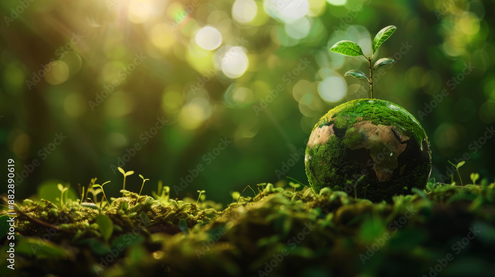 Green planet Earth with green trees sprouting on moss in a forest nature background Green planet Earth with green trees sprouting on moss in a forest nature background
