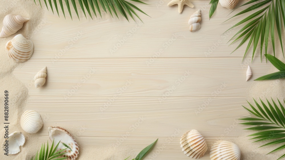 Seashells and palm fronds arranged on a whitewashed wooden surface Seashells and palm fronds arranged on a whitewashed wooden surface