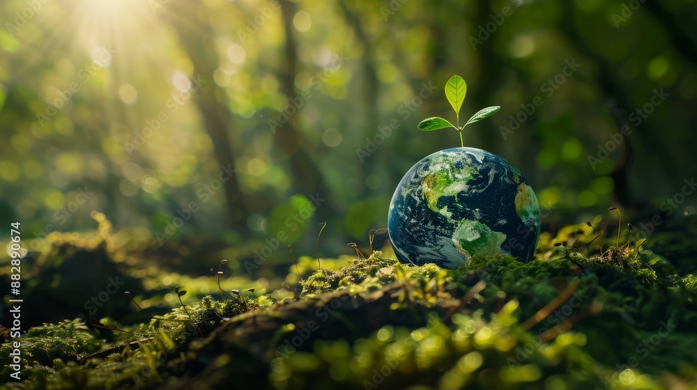 Green planet Earth with green trees sprouting on moss in a forest nature background Green planet Earth with green trees sprouting on moss in a forest nature background
