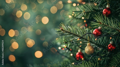 Close-up of a Christmas tree branch decorated with red ornaments and lights