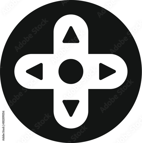 Black and white icon of a game controller directional pad with arrows representing up, down, left, and right