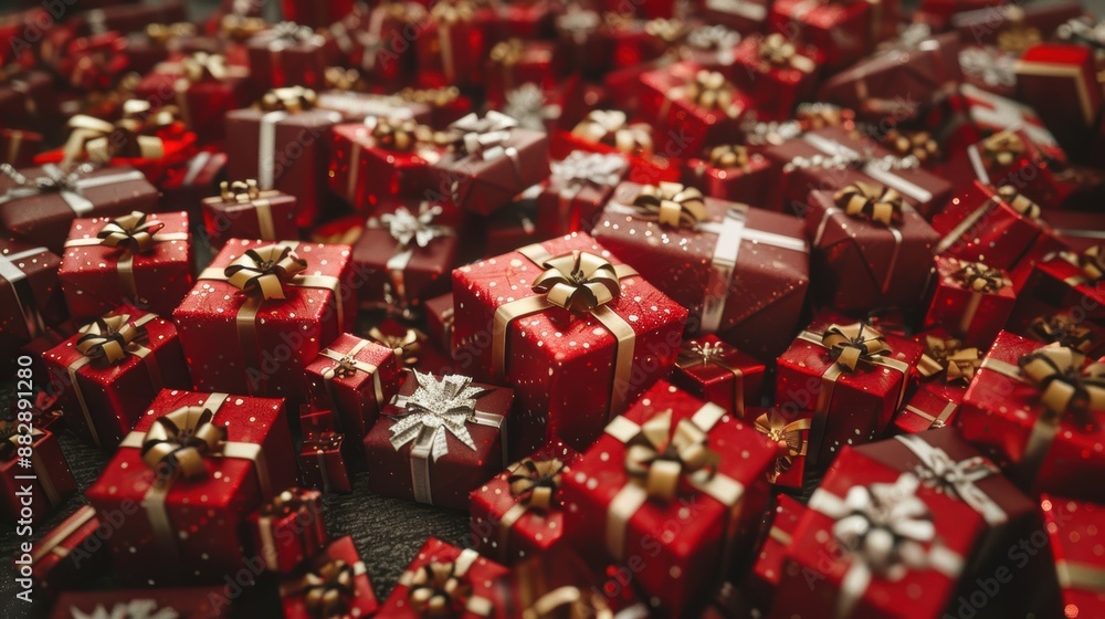 A large pile of red and gold Christmas presents with bows and ribbons