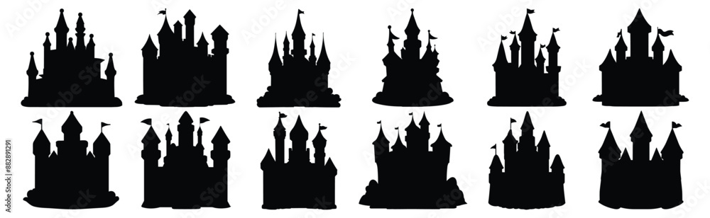 Fairy Castle silhouettes set, pack of vector silhouette design, isolated background Fairy Castle silhouettes set, pack of vector silhouette design, isolated background