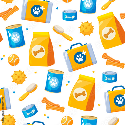 Vector seamless pattern with pet accessories includes animal toys, food, care products etc.	
