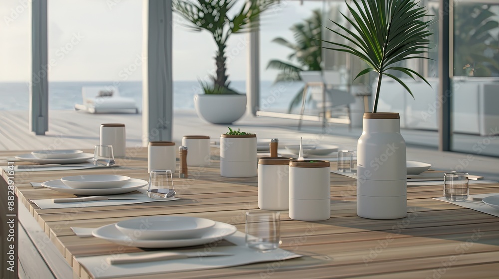 Wooden table set with white plates, silverware, and glasses. White vases with wooden accents decorate the table while a plant and ocean view complete the scene Wooden table set with white plates, silverware, and glasses. White vases with wooden accents decorate the table while a plant and ocean view complete the scene